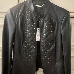 Black Quilted Leather Jacket with Studs